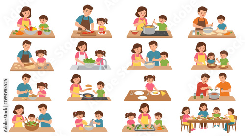 Family Cooking Together: Parents and Children Preparing Food Flat Style