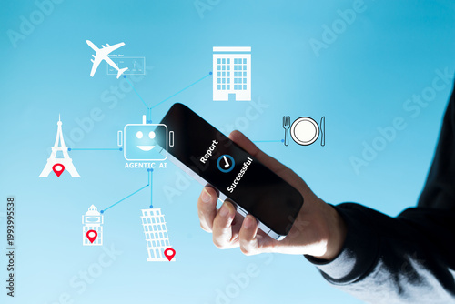 Professional traveler leveraging  AI assistant for seamless travel itinerary planning, flight booking, discover tourist attractions, reserve hotel and local food recommendations. 