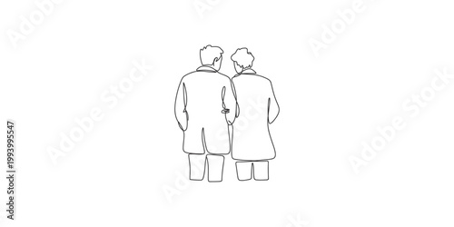 A line drawing of two people standing side by side looking away from the viewer in coats and pants on a white background