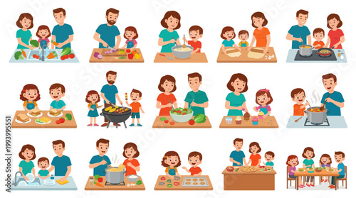 Family Cooking Together Food Preparation Healthy Meals Vector Art