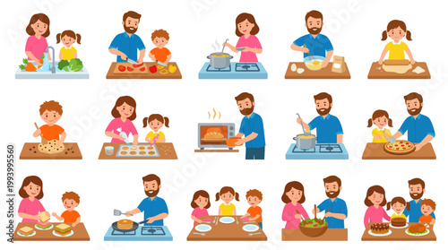Family Cooking Together: Parents and Children Baking and Preparing Food