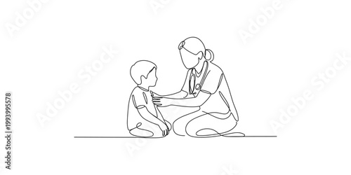 A line drawing of a doctor examining a young boy on the floor with a stethoscope