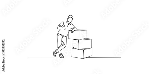 A man in a uniform is pushing a stack of cardboard boxes on a white background