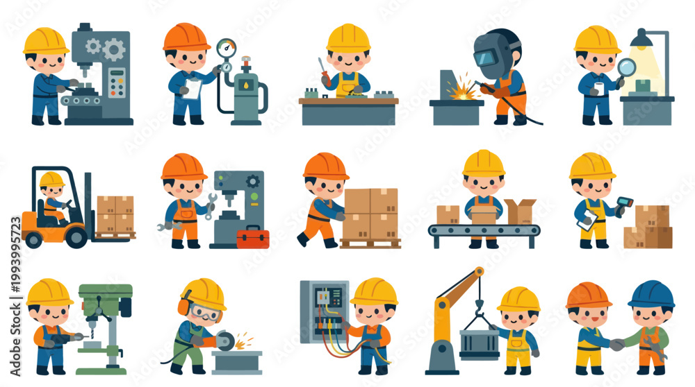Fototapeta premium Flat Style Cartoon Workers in Factory and Construction Settings