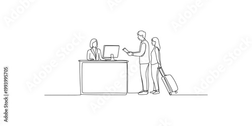 A line drawing of a man and woman with a suitcase standing at a checkin desk with a female staff member