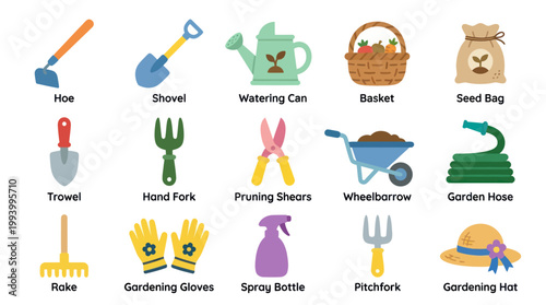 Flat Icon Set of Gardening Tools and Equipment for Outdoor Activities