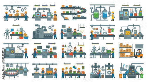 Industrial Automation Factory Assembly Line Icons Flat Style