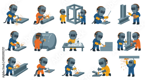 Cartoon Welders with Tools, Welding Equipment, Metalwork Construction Art