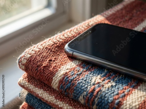 A modern smartphone rests on a stack of richly textured, colorful woven fabric near a window, bathed in natural light.