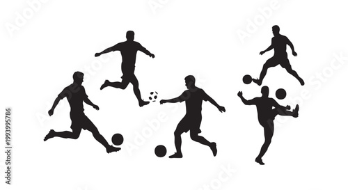Professional soccer players silhouettes in action poses with balls representing athletic competition and sportsmanship.
