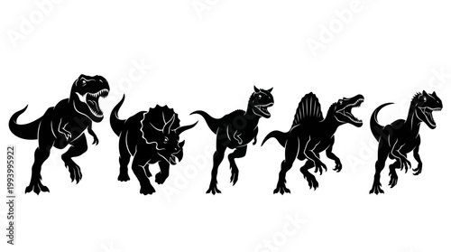 Black and White Silhouettes of Five Dinosaurs on White Background