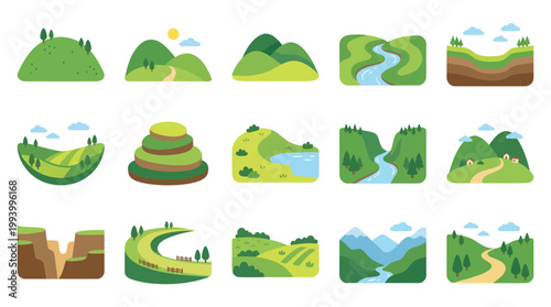 Flat Illustration Nature Landscapes Collection with Mountains, Hills, Rivers, Valleys