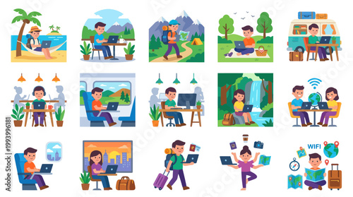 Flat vector illustration of people working remotely while traveling