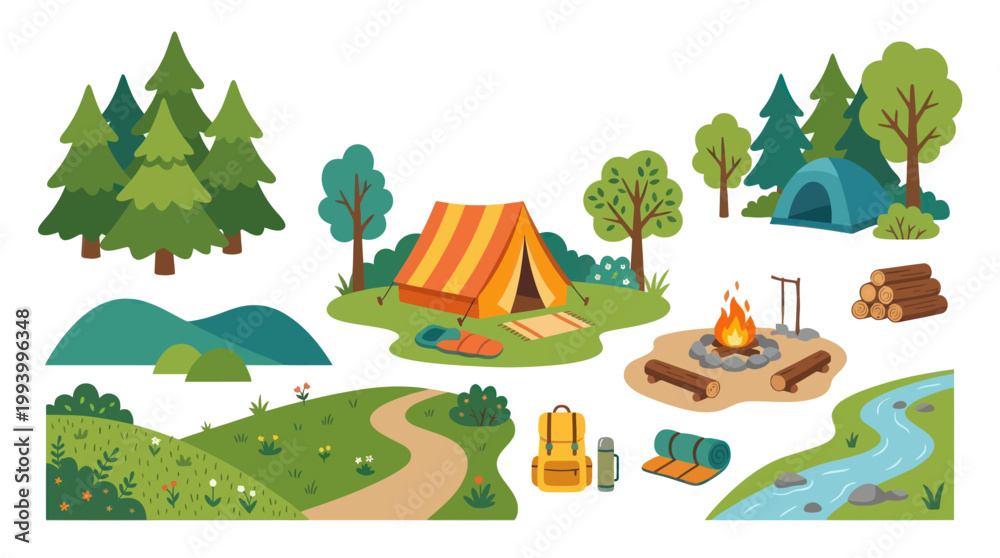 Fototapeta premium Camping Outdoor Recreation Flat Vector Elements Set with Nature, Tents, Campfire, and Gear