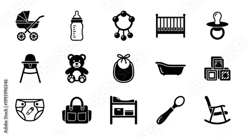 Black and White Baby Care Glyph Icons Set - Newborn Essentials Silhouette Collection