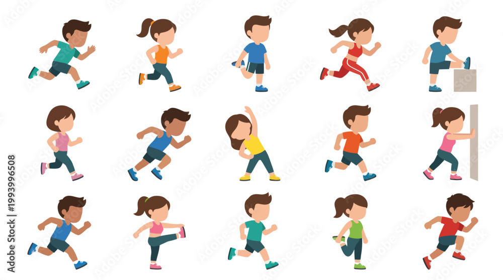 Fototapeta premium Children Running and Stretching Flat Vector Set - Kids Sports, Fitness, and Health