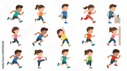 Children Running and Stretching Flat Vector Set - Kids Sports, Fitness, and Health