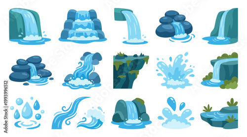 Flat Style Cartoon Waterfalls and Water Splashes Vector Icons Set