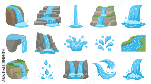 Nature Water Landscape: Flat Cartoon Vector Waterfall and Water Splashes Icons Set