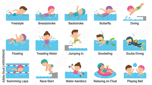 Flat Illustration of Diverse Water Sports and Activities for Healthy Lifestyle