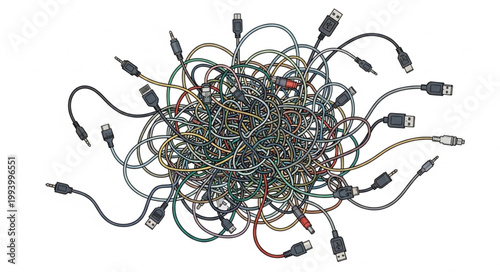 Tangled mess of computer cables and wires on a white background.
