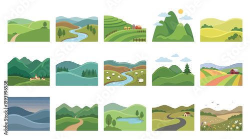 Flat Design Countryside Landscapes Collection - Nature, Rural, Agriculture Vector Illustrations