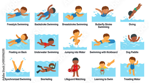 Flat Style Vector Icons of Swimming Strokes and Activities