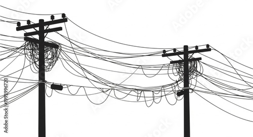 Tangled messy power lines on wooden poles against white background.