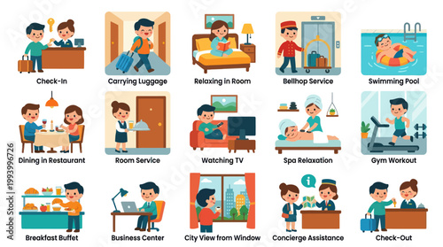 Hotel Services Flat Vector Icons: Check-in, Pool, Dining, Spa, Gym, Business