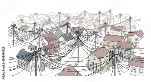 Urban landscape with many houses and tangled electrical wires.