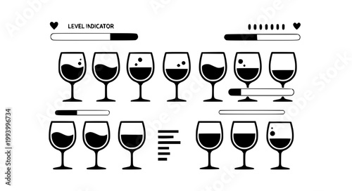 Set of wine glass vector icons with liquid level indicator progress bars and bubbles for app interface and menu design