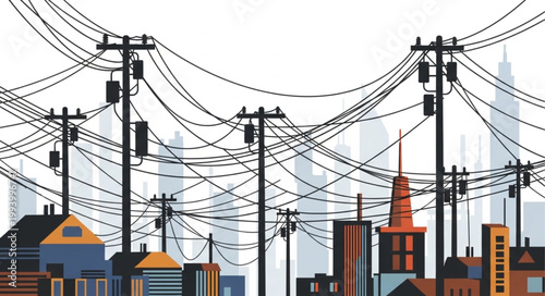 Urban cityscape with numerous power lines and utility poles.