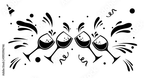 Cheers celebration wine glass vector with splashing liquid and confetti elements for party events holidays and restaurant menu designs