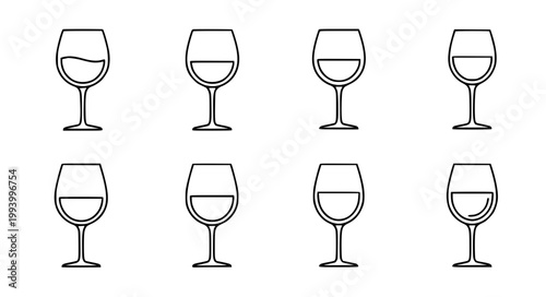 Set of wine glass outline icons showing different liquid levels for alcohol bar restaurant cafe and beverage menu designs