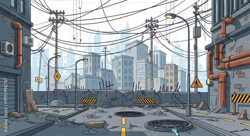 Urban street with potholes and overhead wires.