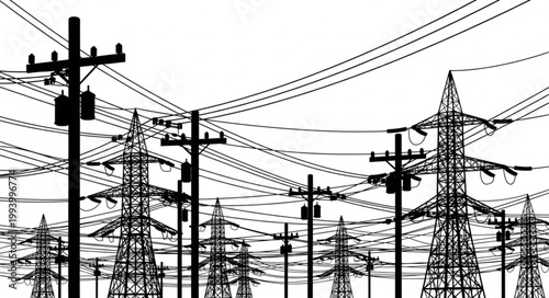 Electrical power transmission towers and lines against a bright sky.