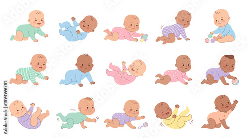 Diverse Babies Crawling and Playing Flat Vector Illustration Set for Early Childhood Development