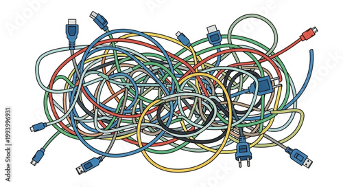 Tangled computer cables and wires with various connectors.