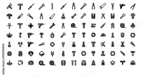 Extensive collection of professional construction line icons featuring various hand tools power drills and hardware fasteners for industrial design vector illustration