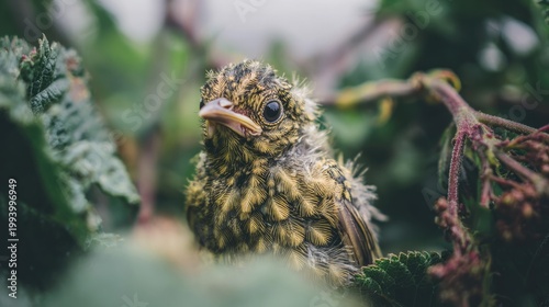 clumsily. A fledgling bird with ruffled feathers falling from its nest. wildlife magazines, conservation campaigns, designed for eco-tourism storytelling, used by food bloggers.
