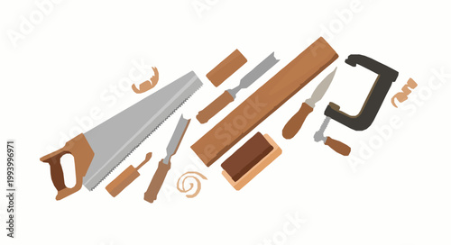 Professional woodworking tool set including handsaw chisels wood plane clamp and timber pieces for carpentry and craft projects vector illustration on white background