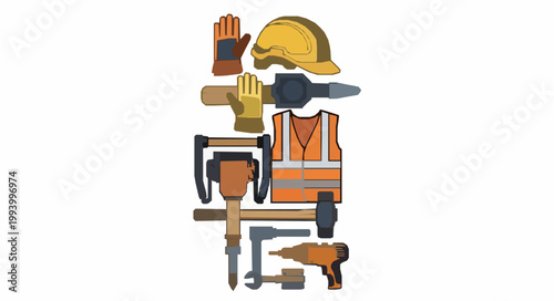 Industrial construction equipment set featuring safety helmet vest gloves jackhammer sledgehammer and power drill for professional site work vector illustration