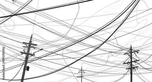 Tangled Electrical Wires and Utility Poles Against a White Sky.