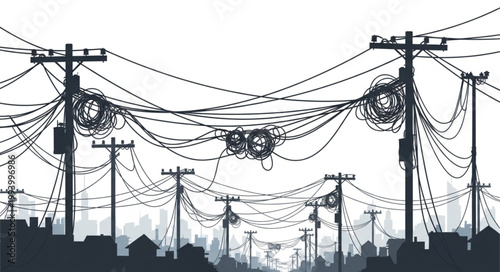 Tangled electrical wires and utility poles against a bright sky.