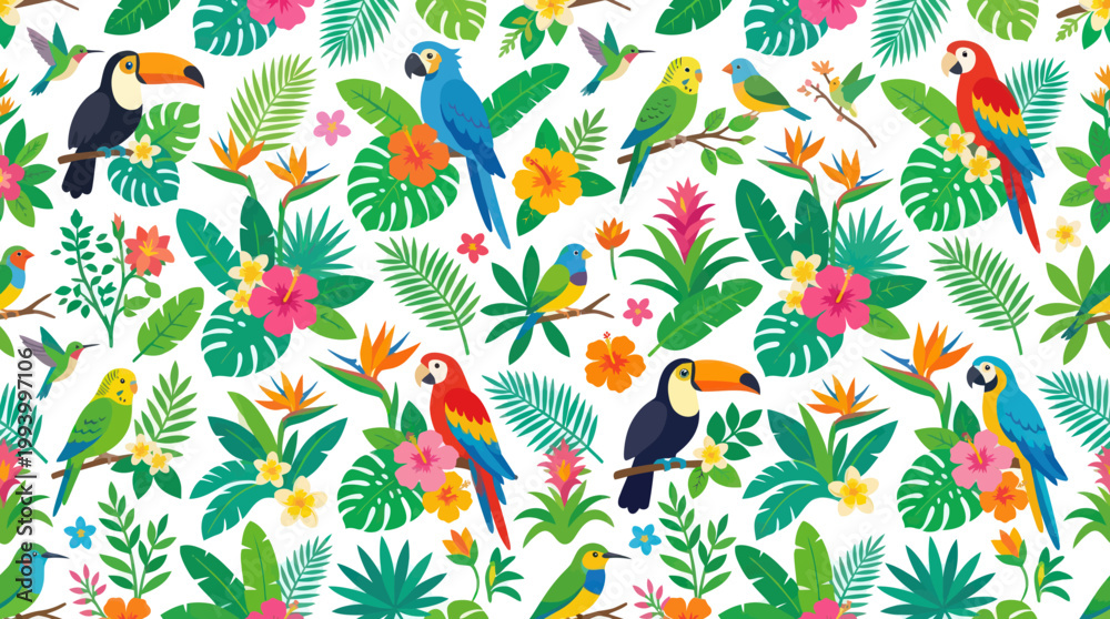 Fototapeta premium Tropical Birds and Flowers Pattern, Flat Vector Illustration