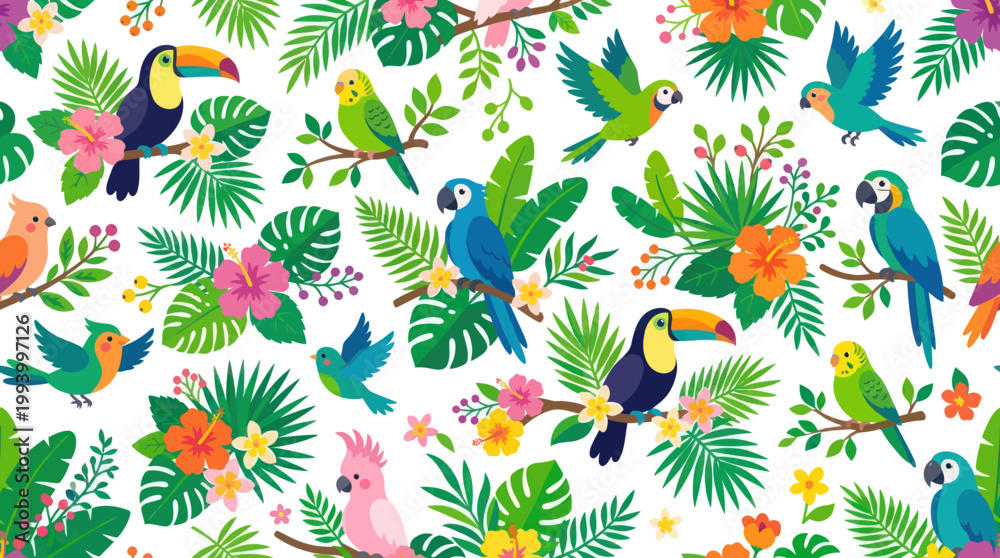 Fototapeta premium Tropical Birds, Flowers, and Leaves Seamless Pattern, Flat Style