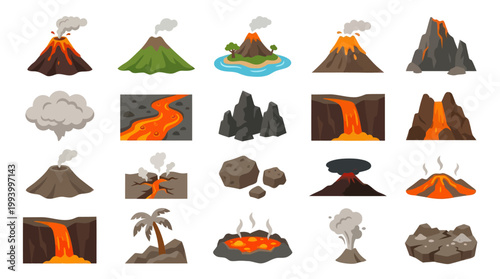 Flat Cartoon Volcanoes and Lava Eruptions Vector Icons Set