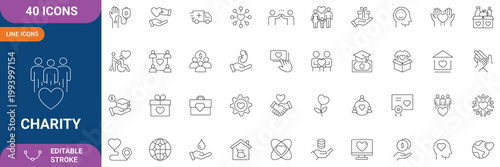Charity Icon Set. Containing Care, Helping, Donation, Volunteer, Support, Elderly, Homeless, Animals, Community, Humanity, Assistance and etc. Line Icon. Editable Stroke. Vector Illustration