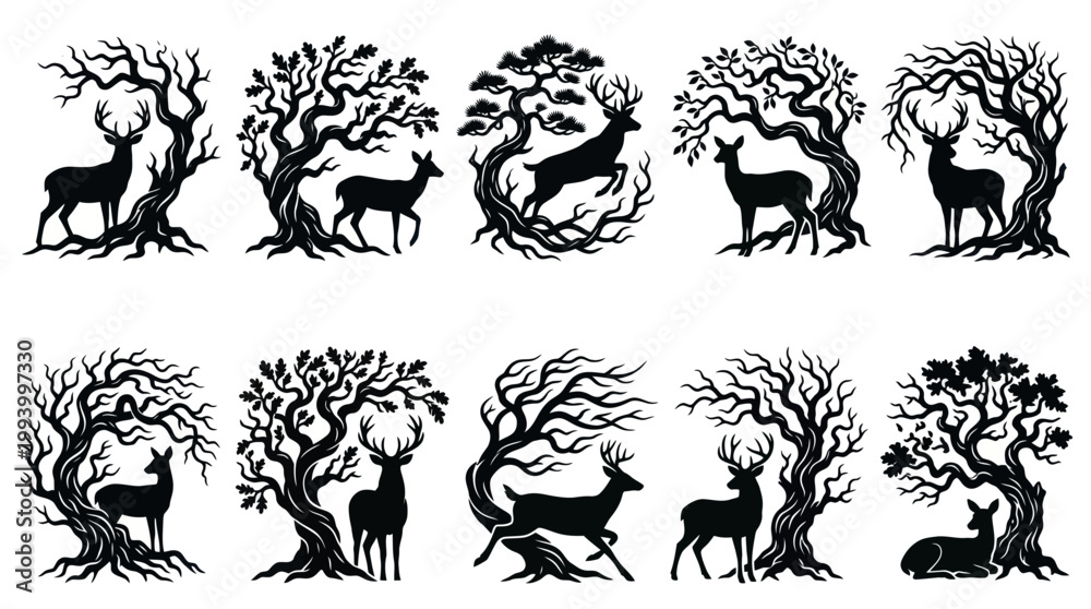 Fototapeta premium Stylized Forest Wildlife Deer and Tree Black Silhouette Vector Art Collection