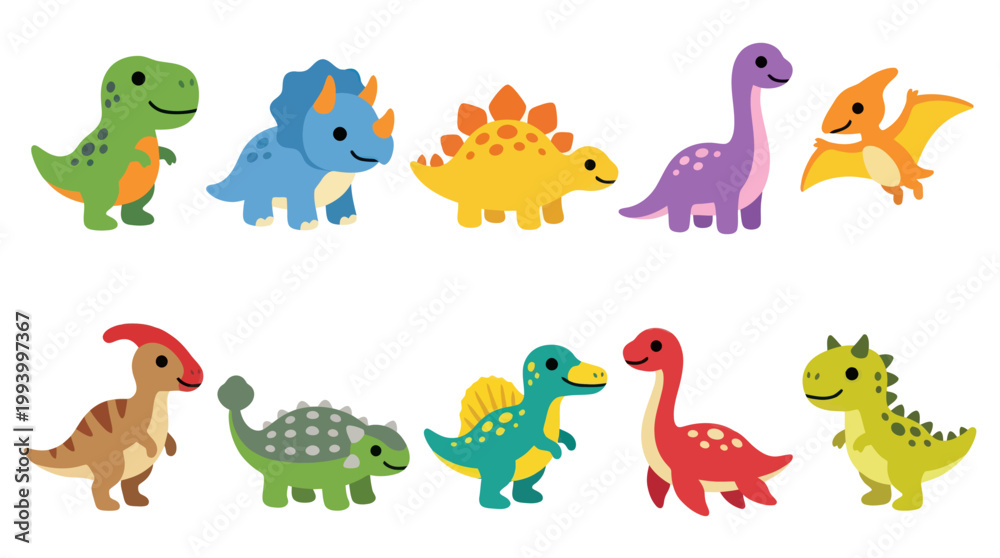 Obraz premium Cute Cartoon Dinosaurs Set, Childrens Illustration, Flat Style